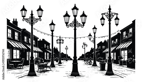 Line art illustration of a charming street depicting traditional buildings and decorative lampposts for urban design