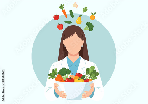 A female nutritionist or doctor holding a bowl of fresh vegetables and fruits, with more healthy food floating above her head, symbolizing a balanced diet and healthy lifestyle.