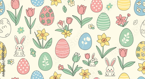 Delightful pastel Easter pattern with charming bunnies, decorated eggs, and blooming spring flowers creates a joyful festive background for holiday celebrations