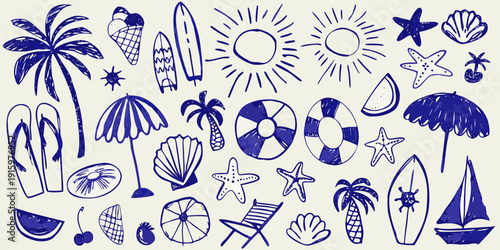 Blue doodle illustration featuring various summer and beach themed objects
