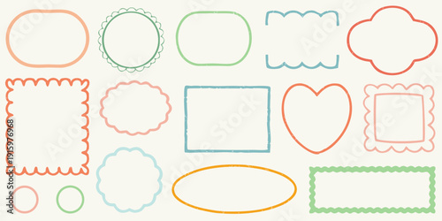 Collection of colorful hand drawn frames and shapes on a cream background