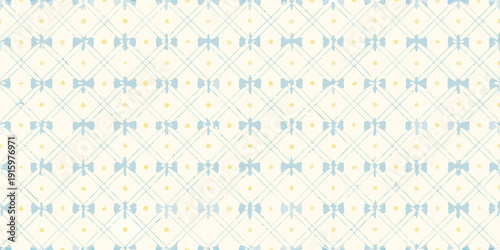 Repeating pattern of blue and yellow dragonfly and diamond shapes