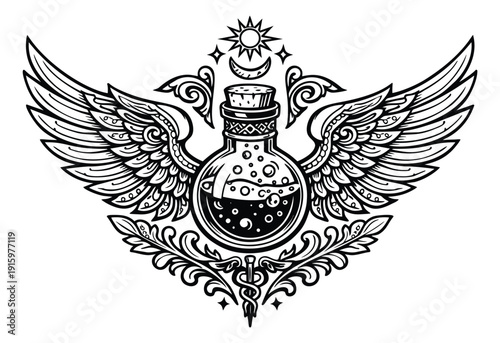 Hand drawn line art illustration of a winged potion bottle depicting magic and healing for mystical designs