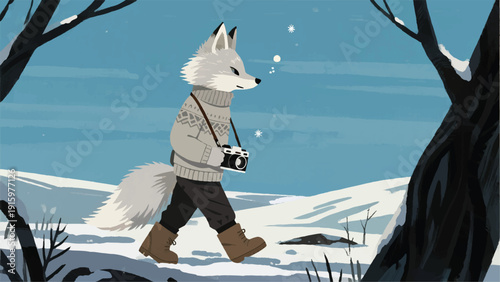 Illustration Of An Arctic Fox Wearing A Knitted Sweater And Boots, Walking Leisurely In The Snowy Tundra, Analog Camera Hanging Around Its Neck Vector Design Template