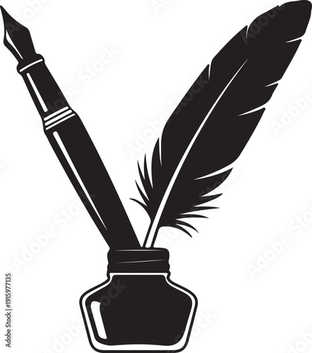 Black inkwell with quill and fountain pen writing