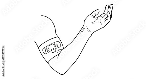 Arm with bandage after blood draw, medical procedure, healthcare concept