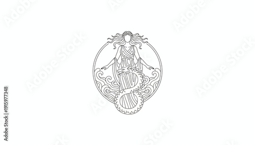 Art Nouveau Mermaid Emblem - Elegant Woman with Fish Tail and Flowing Hair
