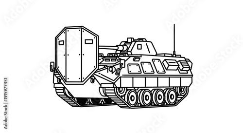 Armored Personnel Carrier with Mine Plow - Line Art Illustration