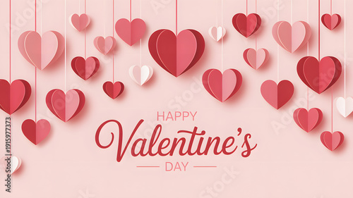 Happy valentines day greeting card with hanging red paper hearts on soft pink background
