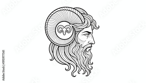 Aries Zodiac Sign Astrology Symbol: Ram Head with Man's Profile and Horns, Line Art