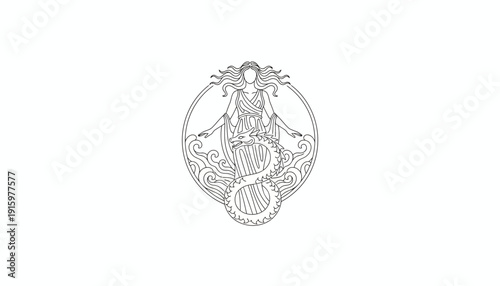 Art Nouveau Mermaid Emblem - Elegant Woman with Fish Tail and Flowing Hair
