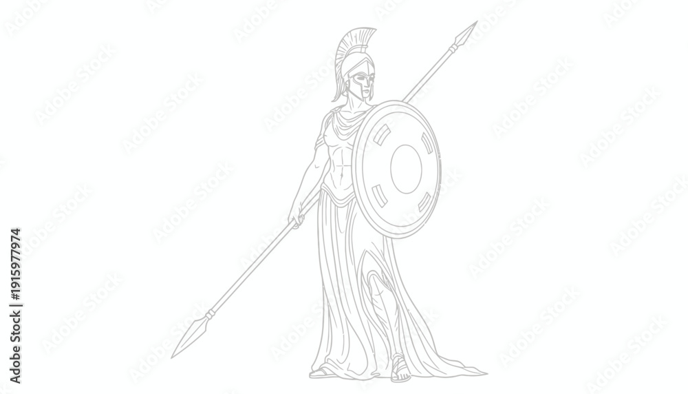 Obraz premium Ancient Greek Goddess Athena Warrior with Shield and Spear, Line Art