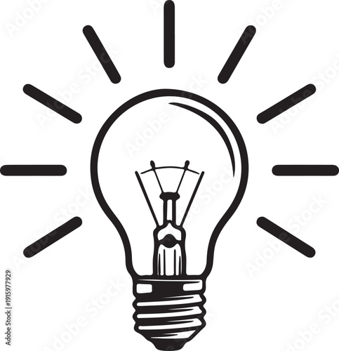 Black lightbulb with rays on white background