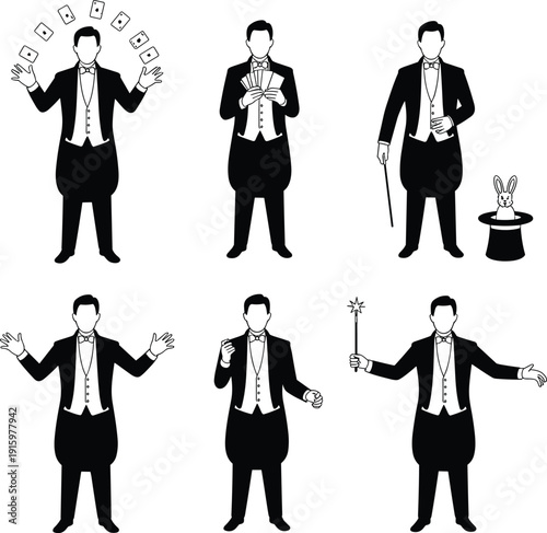 Magician silhouette set performing card tricks and rabbit hat illusion, black vector collection isolated, stage magic character for entertainment logo design