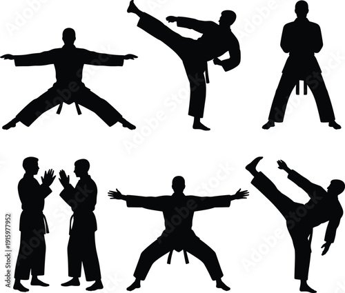 Karate martial arts silhouettes set, fighters performing kicks punches and stances, combat training vector collection isolated on white for sport design