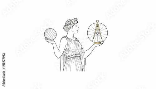 Ancient Greek Goddess holding celestial sphere and astrolabe, symbolizing astronomy and knowledge