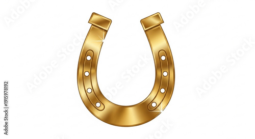 Golden horseshoe with seven nail holes on white background symbolizing good luck and equestrian themes