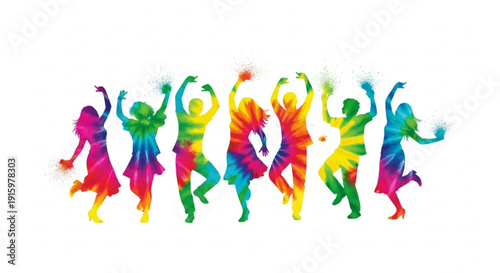 Vibrant people dancing in colorful tie dye outfits joyful celebration