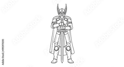 Viking Warrior Standing with Sword, Fantasy Knight, Medieval Armor, Line Art