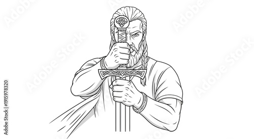 Viking warrior holding sword, fierce warrior, ancient warrior, historical illustration, black and white