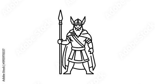 Viking Warrior with Spear and Helmet, Norse Mythology Character, Ancient Warrior Line Art
