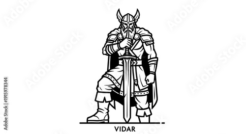 Viking Warrior Vidar with Sword and Helmet, Norse Mythology Character Illustration