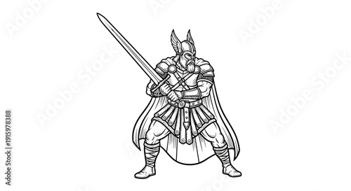 Viking Warrior with Sword, Fantasy Character Illustration, Norse Mythology
