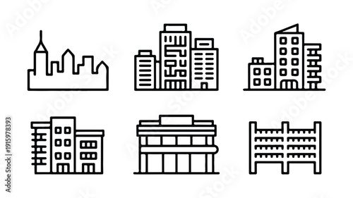 Clean vector icon set illustrating urban life, city elements, and metropolitan concepts in a modern flat style.