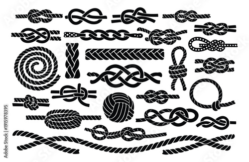 Graphic rope knots set featuring various types of tied ropes and braided elements for nautical and outdoor themes