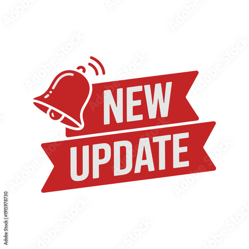 Red ribbon banner with a ringing bell icon signals an important new update notification alert.