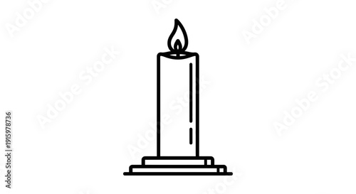 Single Lit Candle Flame Burning Brightly on White Background, Minimalist Line Art Icon