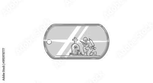 Soldier praying at a grave with a cross, dog tag illustration