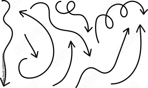 A complex network of arrows with various directions and curvatures