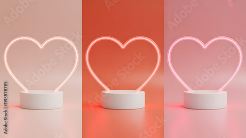 Glowing heart shaped neon light on pastel background with romantic valentine concept
