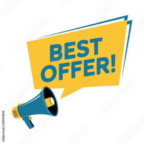Megaphone broadcasting a vibrant yellow speech bubble announcing the best offer loudly today.