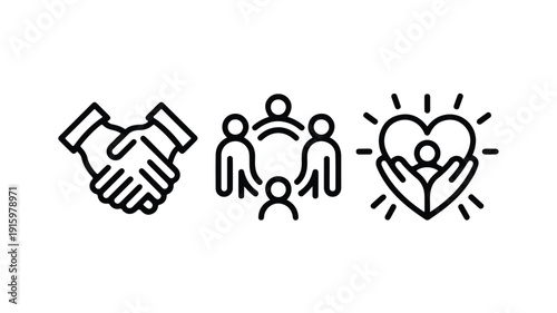 Clean vector icons representing volunteer work, community service, and charitable giving in a modern flat style.