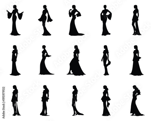 Anime manga character silhouettes, diverse vector silhouettes in dynamic poses, ideal for fantasy, gaming, and storytelling designs, offering versatile graphic elements.