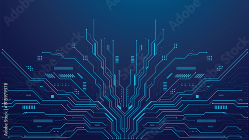 Abstract blue digital circuit board pattern representing technology and data flow on a dark background