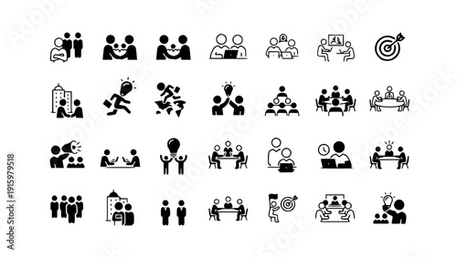 Solid silhouette icon set showing people activities, teamwork, collaboration, celebrations, meetings, and professional interactions.