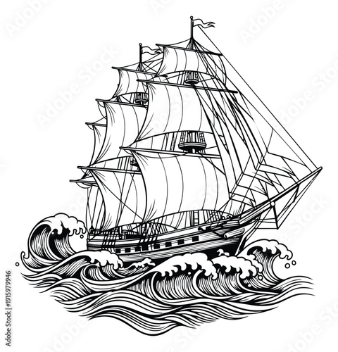 Hand drawn line art illustration of a tall ship depicting sailing on rough waves for nautical adventure
