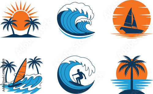 Tropical summer beach vector icon set, sailing ships, ocean waves, palm trees, sun, and island travel elements for vacation, tourism, nature themes, seaside design, and tropical destination graphics