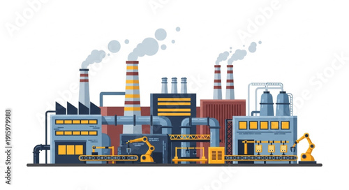 Modern industrial factory complex with smoking chimneys and robotic arms.