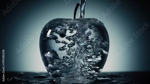 Water Filling Transparent Apple Slow Motion.