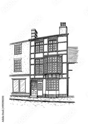 Traditional Timber Frame Building Line Art Vector Illustration