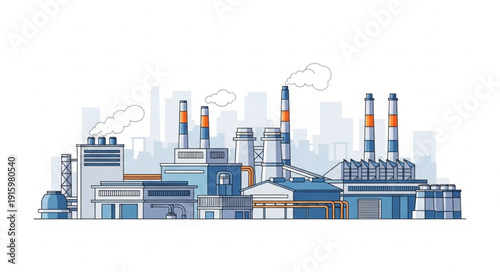 Modern industrial factory complex with smoking chimneys and buildings.