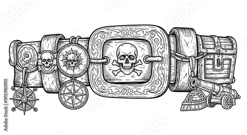Pirate Belt Buckle with Skull and Crossbones, Compass, Treasure Chest, and Cannon