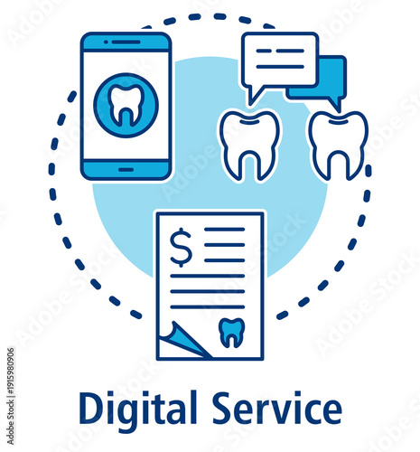 Digital Service blue concept icon with Dental Appdental App, Forum, Invoice.