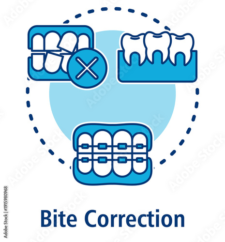Bite Correction blue concept icon with Malocclussion, Crowded Teeth, Braces.