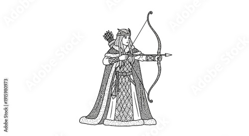 Medieval Archer Woman in Fur Trimmed Cloak Drawing