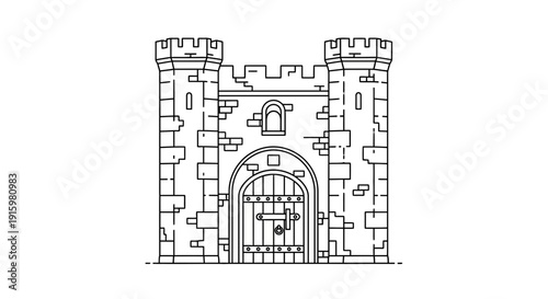 Medieval Castle Gatehouse with Towers and Drawbridge - Line Art Illustration